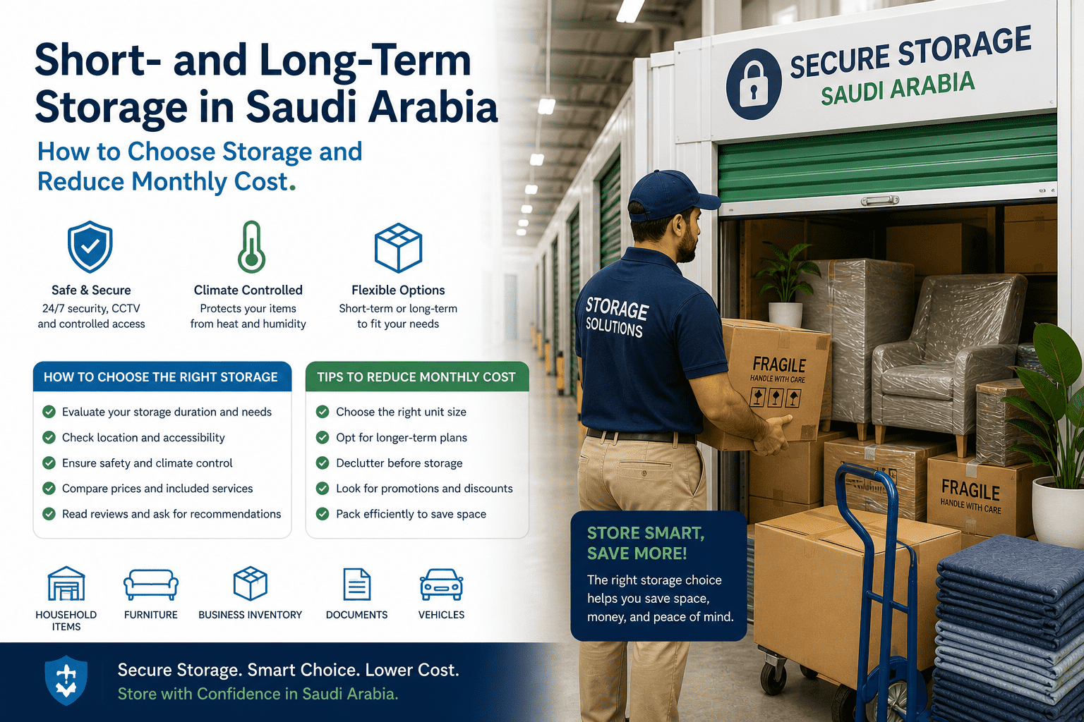 Short- and long-term storage in Saudi Arabia: how to choose storage and reduce monthly cost.
